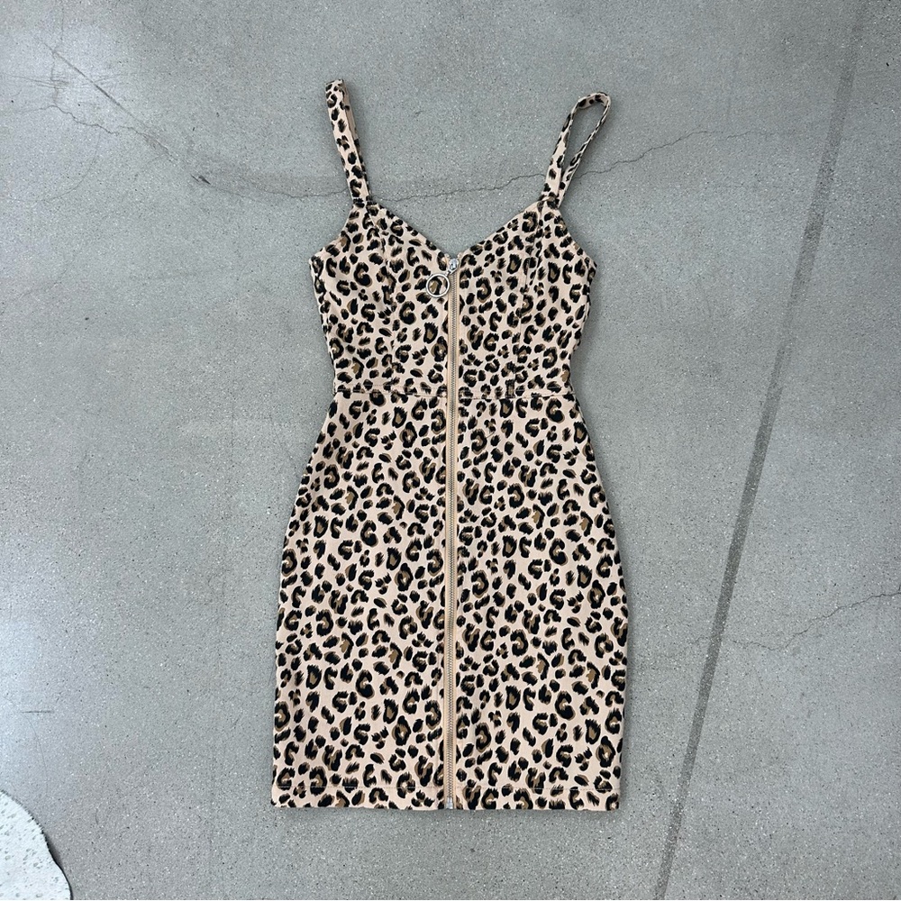 Sexy bodycon tight zip Chic Leopard Print Mini Dress XS